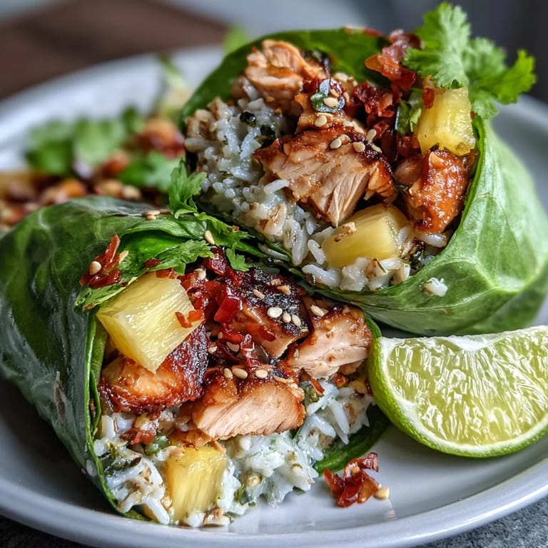 Vibrant lettuce wraps filled with savory pineapple chicken, fluffy rice, and colorful vegetables, perfect for a light and refreshing meal.  