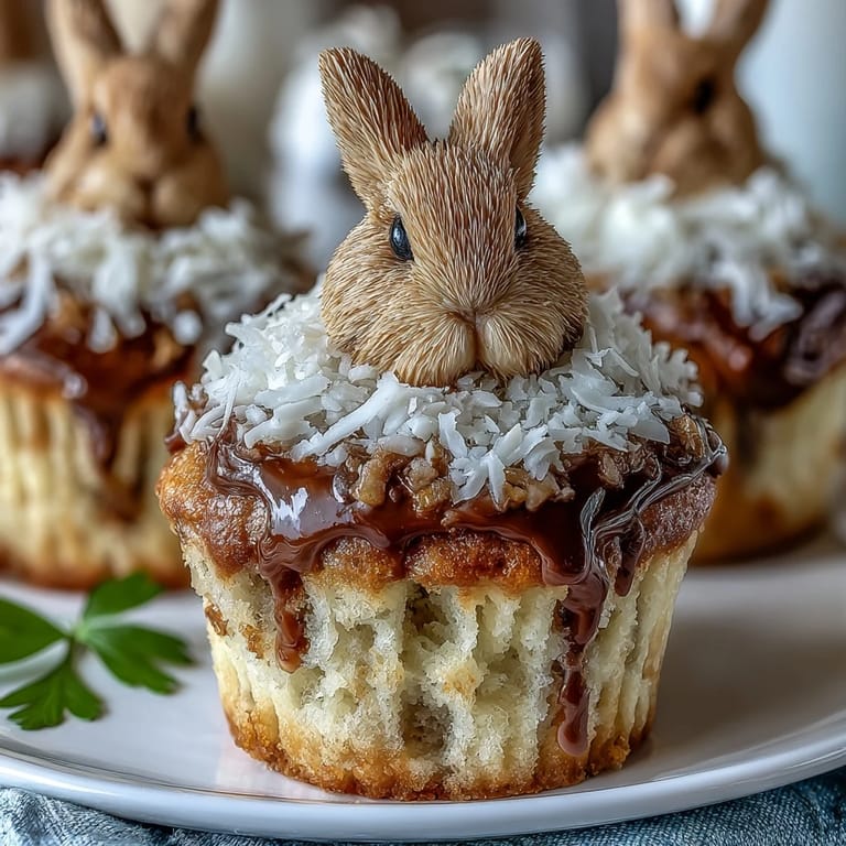 Sweet vanilla cupcakes topped with coconut and marshmallow bunny tails, a charming Easter dessert for all ages.