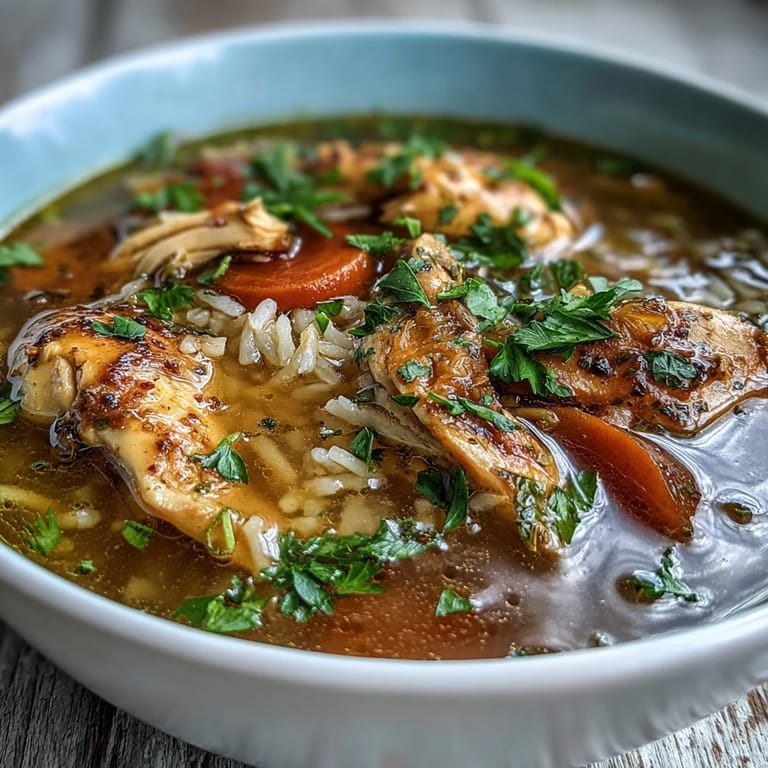 Bowl of chicken and rice soup featuring juicy chicken, rice, and fresh herbs, served with a lemon wedge.