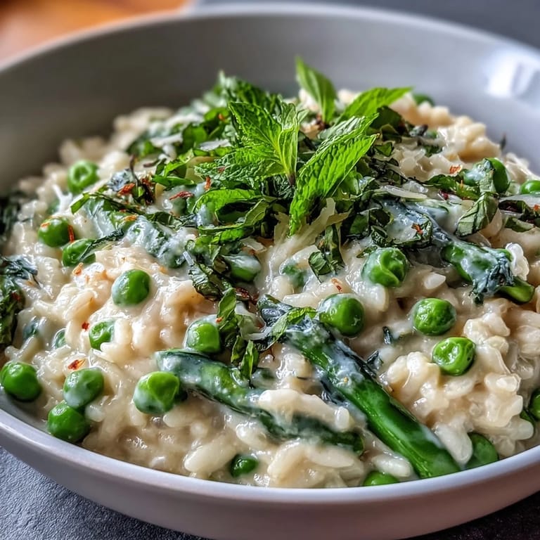 Aromatic pea and mint risotto with Parmesan, showcasing bright green peas and a sprinkle of lemon zest for a fresh finish.