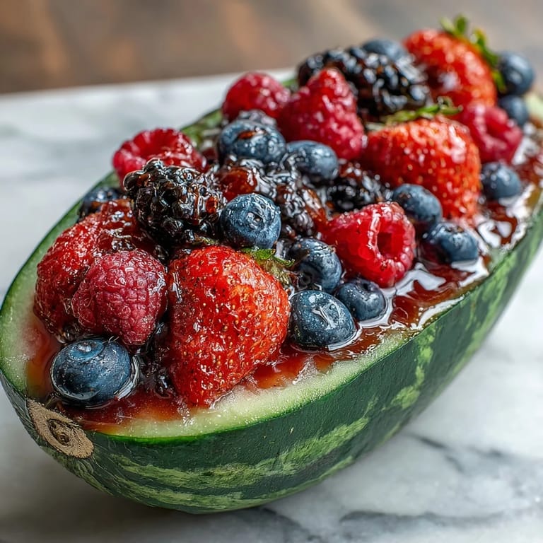 Beautifully carved watermelon filled with juicy berries and grapes, perfect for festive gatherings or healthy snacking.