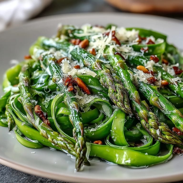 Bright spring salad of shaved asparagus tossed in lemon dressing, topped with Parmesan shavings.