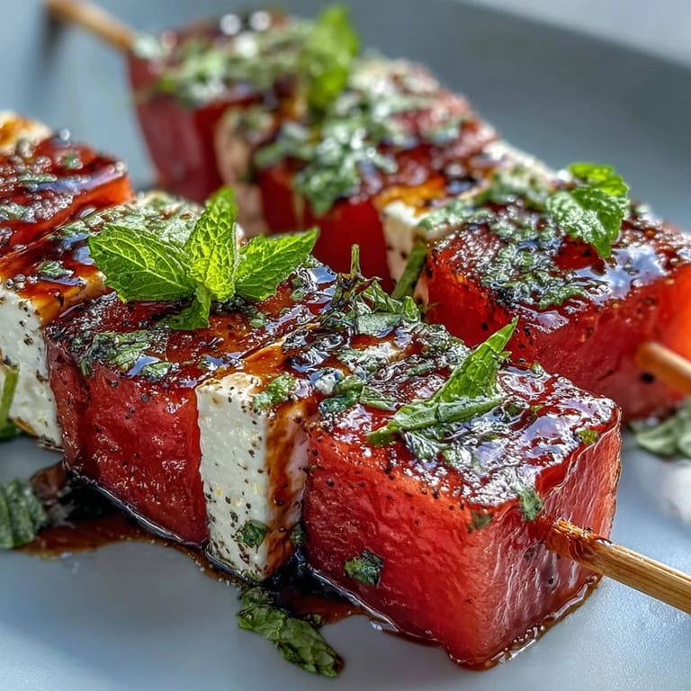 Vibrant watermelon Feta Mint Skewers arranged on a platter, topped with balsamic glaze for an elegant party treat.