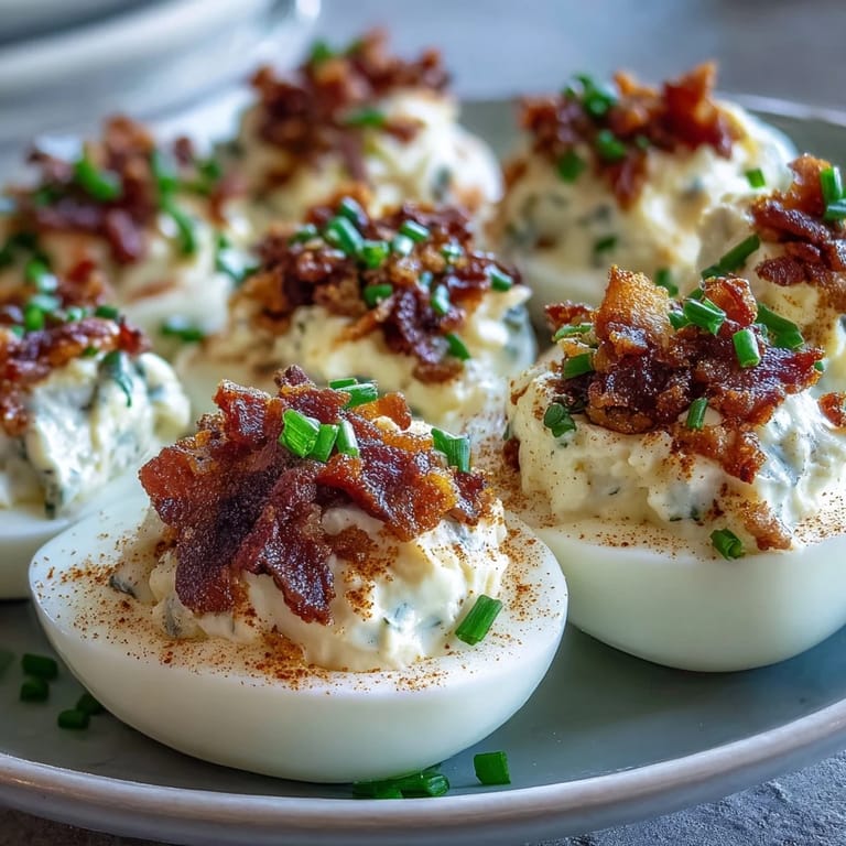 Savory Bacon Ranch Deviled Eggs, featuring tangy ranch dressing, crumbled bacon, and a sprinkle of paprika for a crowd-pleasing snack.