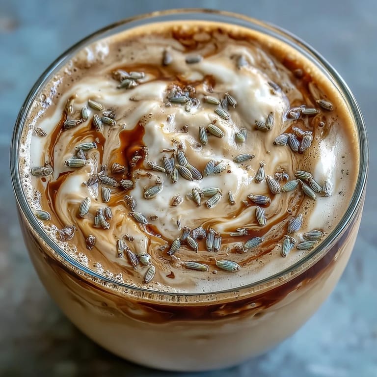 Two glasses of iced lavender oat milk latte, frothy and refreshing, garnished with a twist of lemon zest for a bright, floral aroma.