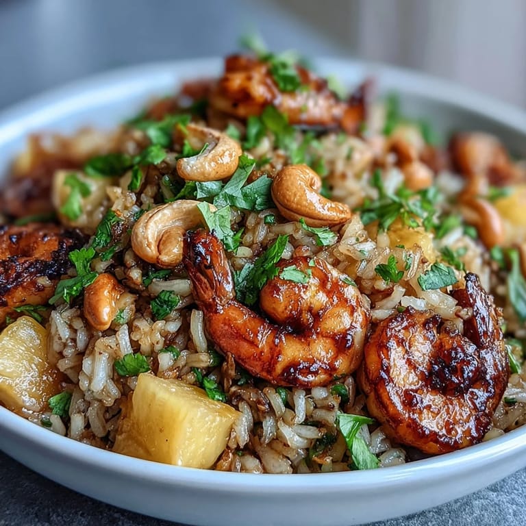Tropical Thai pineapple fried rice featuring fragrant jasmine rice, crisp bell peppers, and tender shrimp in a stunning pineapple shell centerpiece.