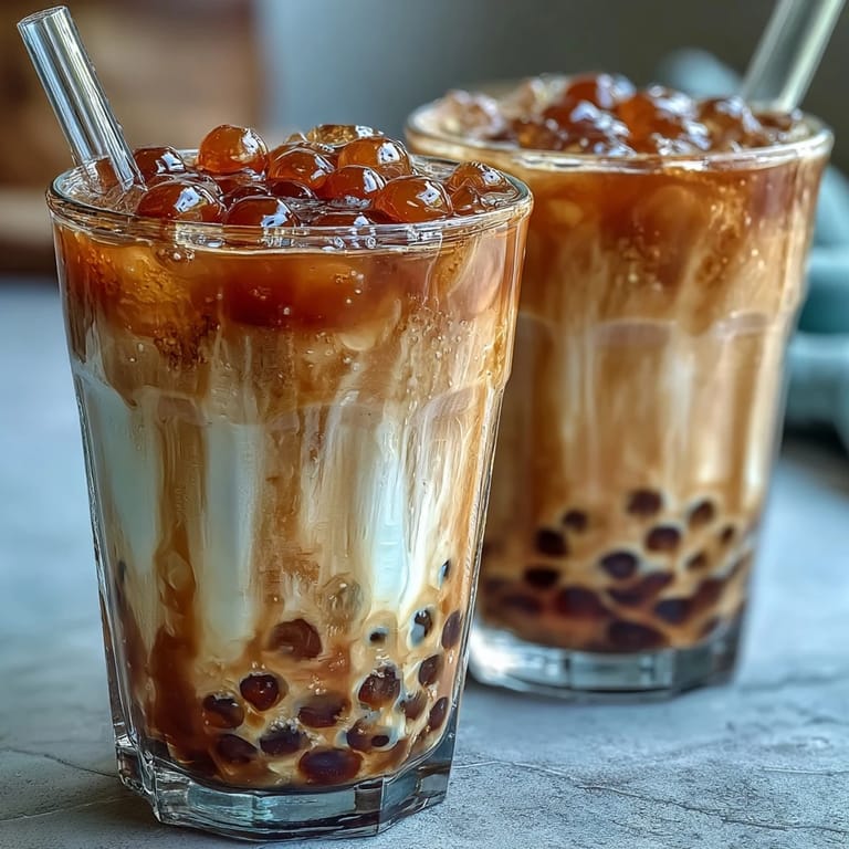 Creamy milk tea poured over brown sugar tapioca pearls, swirled with syrup for a marbled effect.