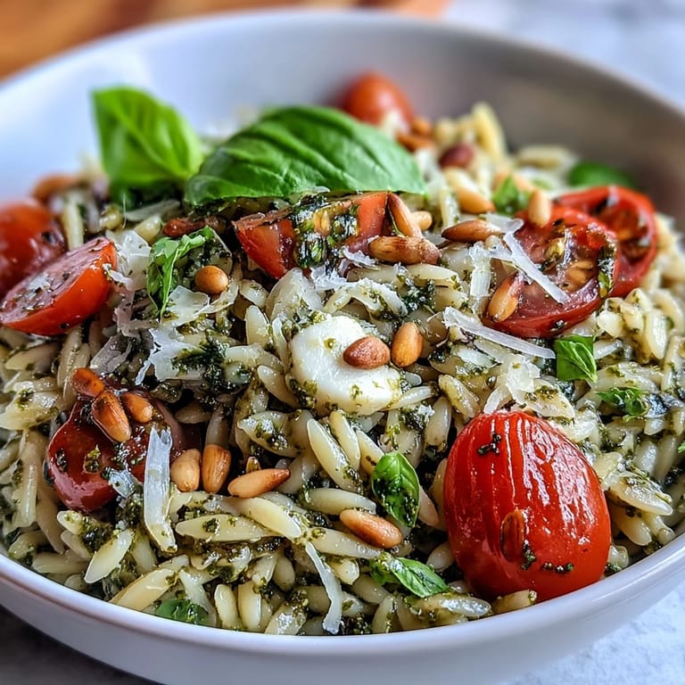 Creamy mozzarella and orzo pasta tossed with bright pesto and juicy cherry tomatoes for a refreshing salad.