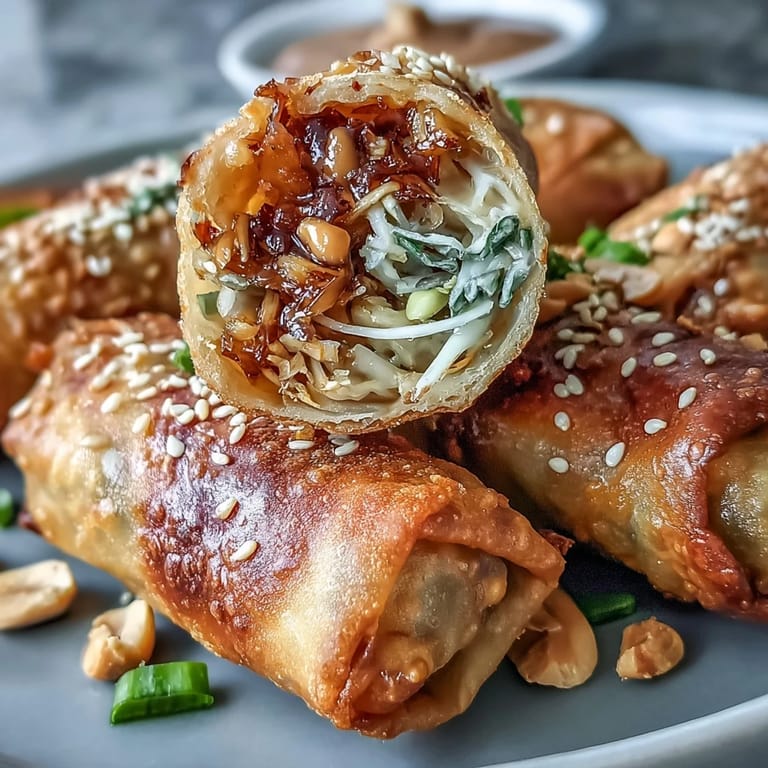 Crispy, golden-brown spring rolls bursting with fresh vegetables and noodles, paired with a smooth, savory peanut sauce for the perfect bite.