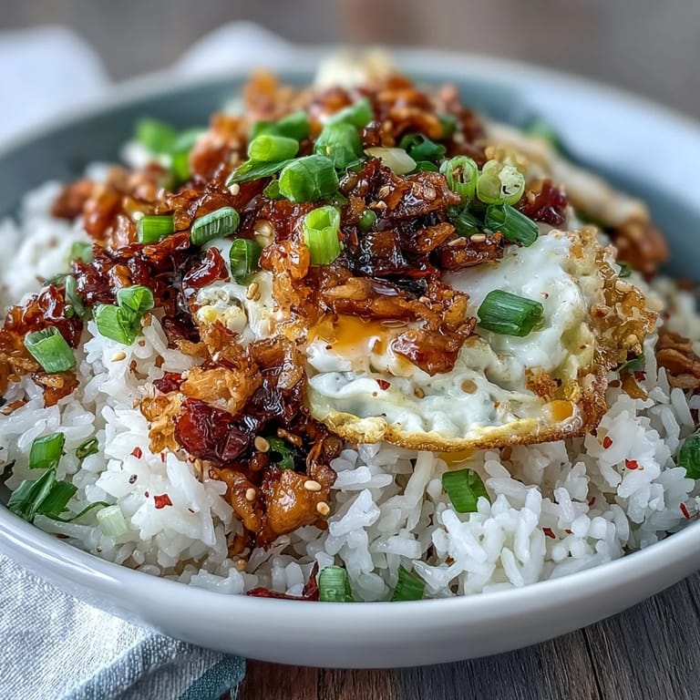 Spicy chili crisp egg fried rice featuring golden eggs, vibrant green onions, and aromatic garlic.