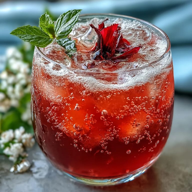 A vibrant glass of Sparkling Hibiscus Mint Lemonade Mocktail perfect for impressing guests.