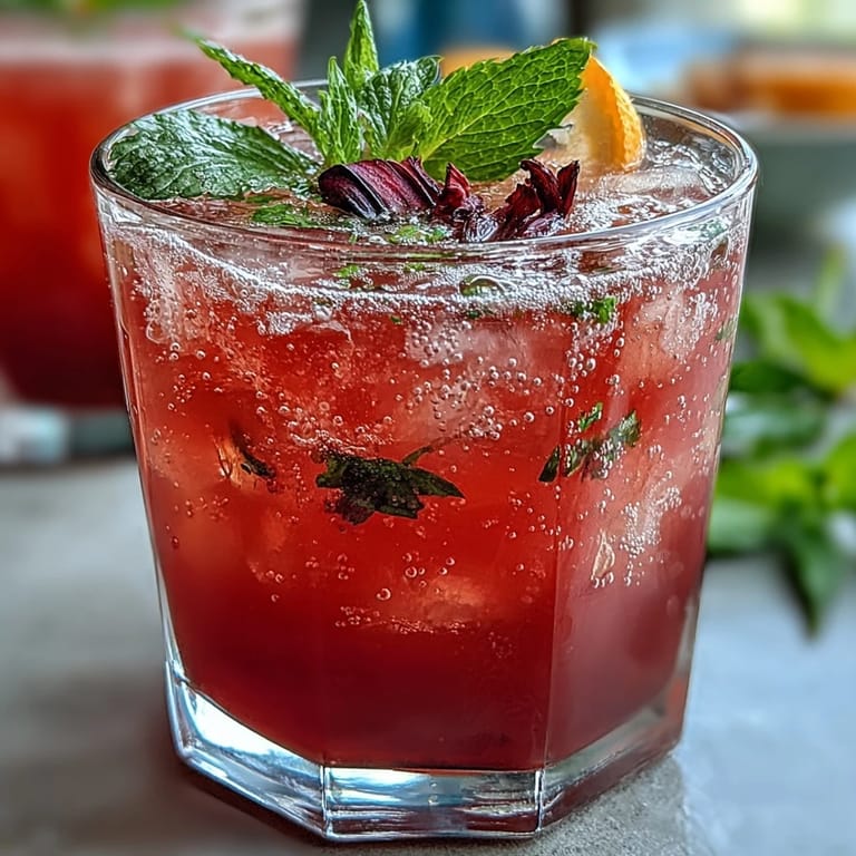 Gorgeously garnished Sparkling Hibiscus Mint Lemonade Mocktail, a cooling summer beverage.