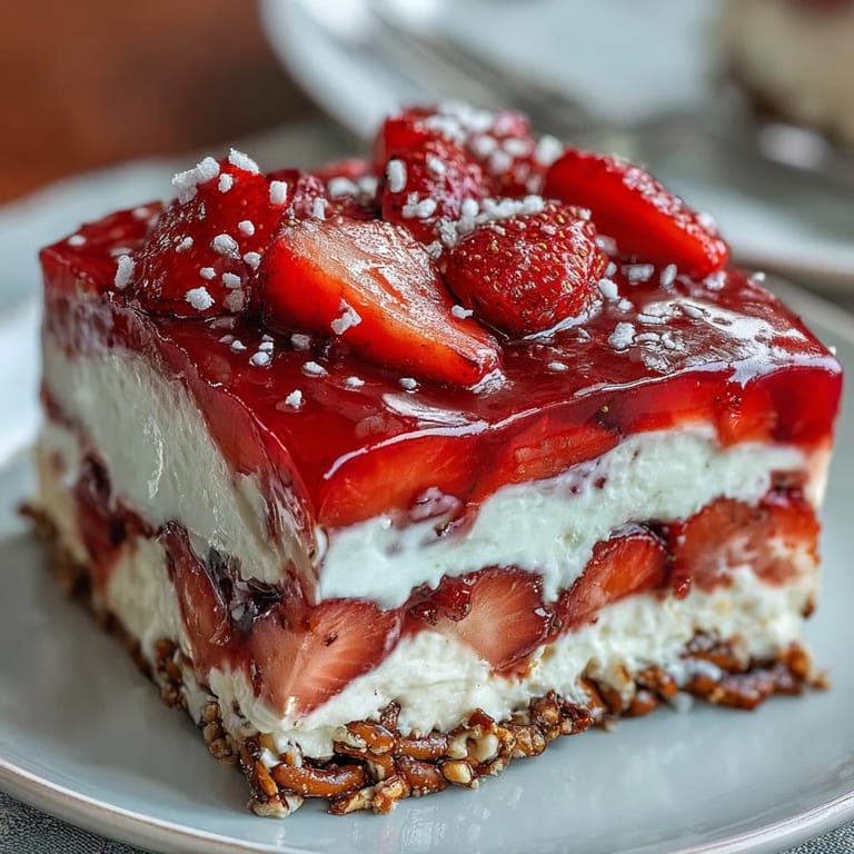 Deliciously chilled strawberry pretzel salad dessert, stacked with crunchy, creamy, and fruity goodness.