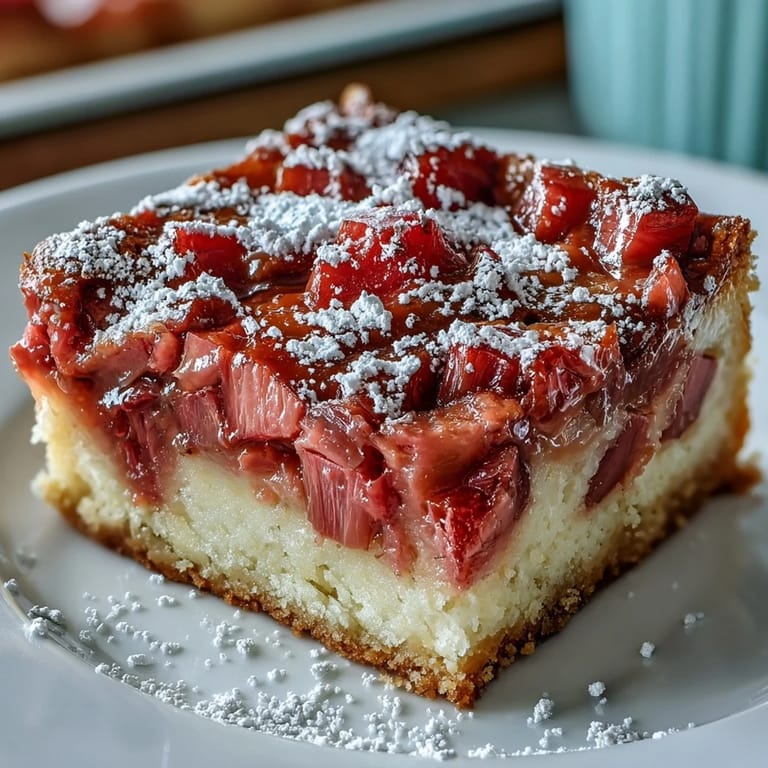 Close-up of tangy Rhubarb Custard Bars swirled with creamy filling, a perfect spring treat.