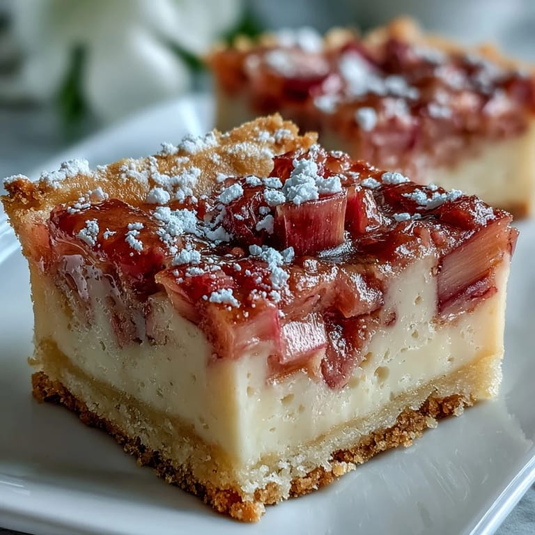 Decadent Rhubarb Custard Bars topped with a dusting of powdered sugar, irresistible.