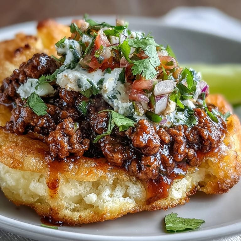 Low-carb cloud bread taco shells hold a generous portion of seasoned taco meat and juicy pico.