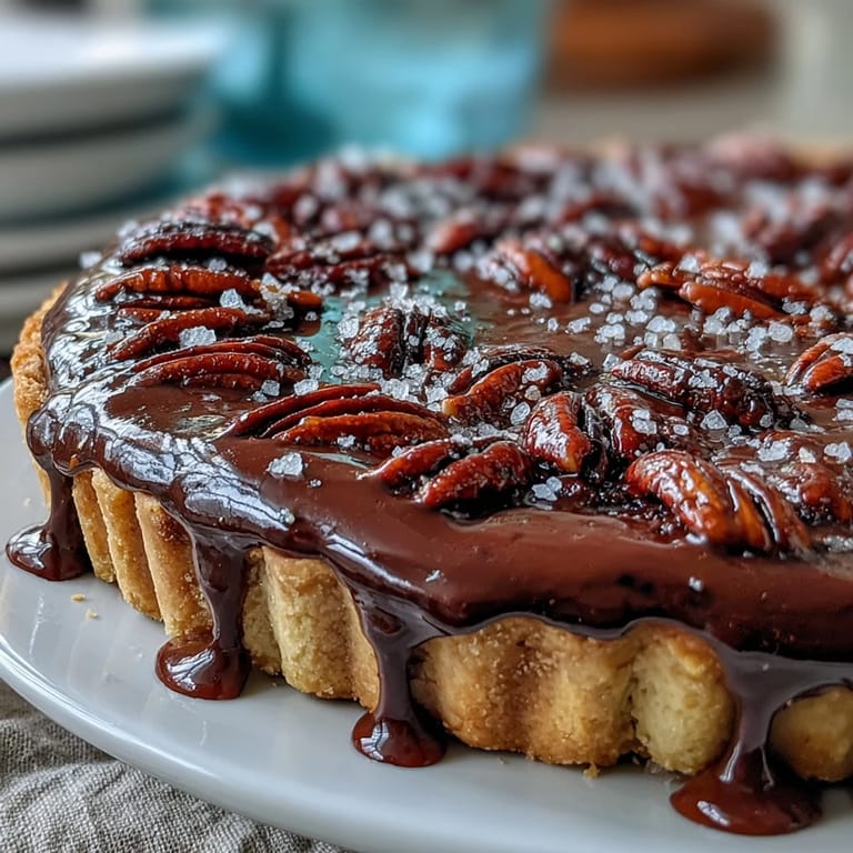 Gooey chocolate and bourbon pecan tart, a perfect Southern dessert treat.