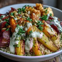 Caramelized roasted root vegetables and fluffy quinoa are drizzled with creamy tahini sauce in this nourishing bowl.