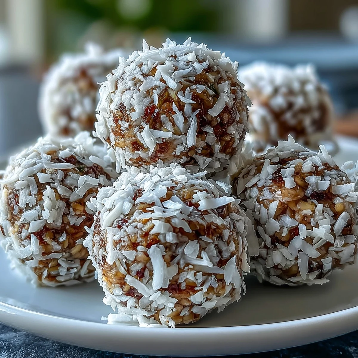 Vegan Coconut Lime Energy Balls with Dates and Cashews rest on a tray, coated in fluffy coconut, with fresh lime slices nearby for garnish.