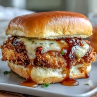 Honey mustard chicken sliders with crispy fried chicken and tangy-sweet sauce on toasted buns. Perfect for game day or casual gatherings.