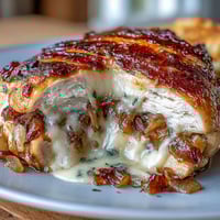 French Onion Stuffed Chicken Breasts with caramelized onions and melted Gruyère cheese, baked until golden and juicy.