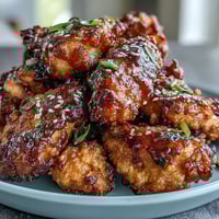 Air Fryer Korean Fried Chicken with Gochujang Glaze, crispy chicken bites glazed in spicy-sweet chili sauce.  