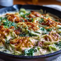 Creamy cabbage and ham skillet with tender vegetables in a rich, cheesy sauce, served in a cast iron pan.