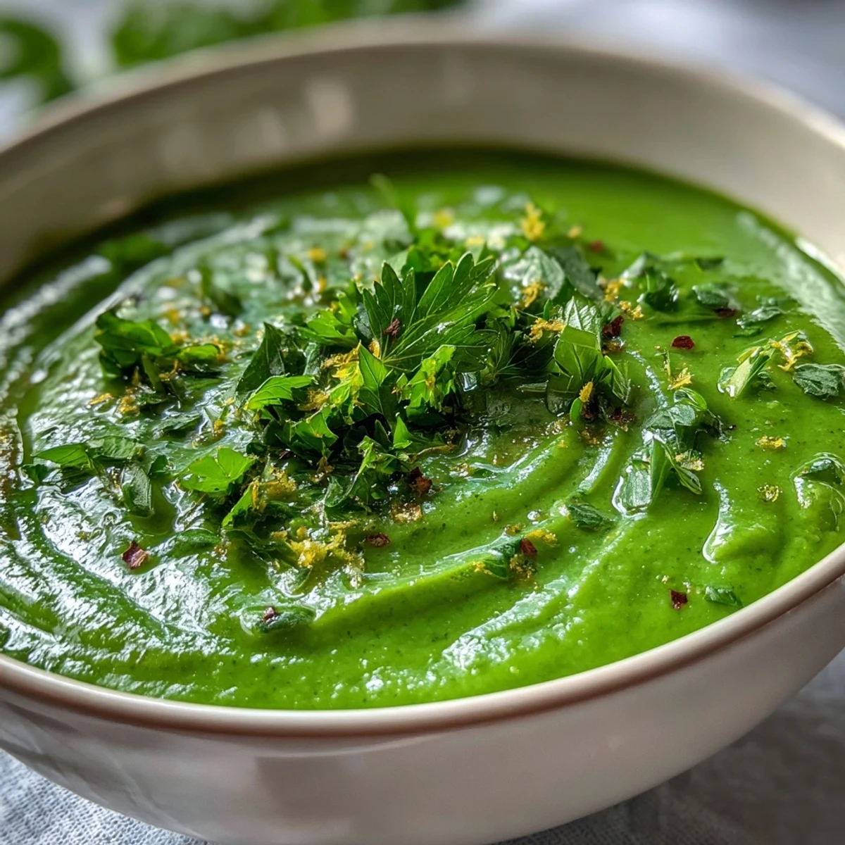 A vibrant bowl of green detox vegetable soup with zucchini and peas, topped with fresh herbs and lemon zest.  