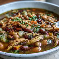 A steaming bowl of 15-bean crockpot soup with tender smoked turkey, vegetables, and rich broth, perfect for cozy dinners.