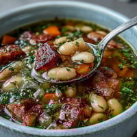 A steaming bowl of ham and cannellini bean soup with fresh herbs, showcasing tender chunks of ham and creamy white beans.