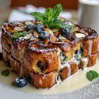 A golden, puffy casserole of sourdough French toast baked with fresh blueberries, lemon zest, and a rich custard, topped with sliced almonds.