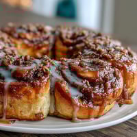 Golden cinnamon roll wreath drizzled with purple, green, and gold icing for Mardi Gras.