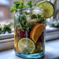 Refreshing virgin mojito pitcher with fresh mint, lime, and strawberries, perfect for spring gatherings and garden parties.