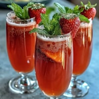 Vibrant strawberry mimosa mocktails in champagne flutes, garnished with fresh mint and citrus slices for a festive brunch.