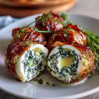 Vibrant green spinach-filled deviled eggs topped with crispy ham for a playful, savory appetizer.