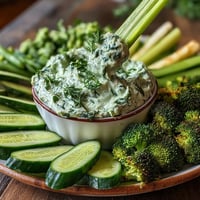 Vibrant green snack board with cucumber, snap peas, and creamy avocado ranch dip for healthy entertaining.