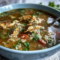 Easy Chicken and Rice Soup in a pot with tender chicken, carrots, celery, and parsley.  