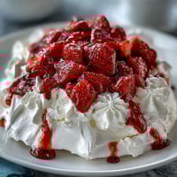 Beautiful strawberry pavlova with whipped cream, fresh berries, and a crisp meringue base ready to serve.