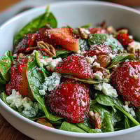 Fresh strawberry spinach salad with poppyseed dressing, topped with feta and almonds, perfect for a light lunch or side dish.  