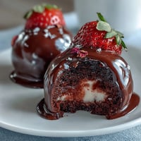 Elegant Dubai-style strawberry truffles coated in glossy dark chocolate shell, garnished with crushed pistachios and rose petals.