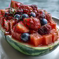 A vibrant watermelon carving board overflowing with fresh berries and mint leaves for a stunning summer centerpiece.