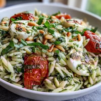 Cold Pesto Orzo Salad with cherry tomatoes and mozzarella in a vibrant basil pesto dressing.