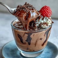 Silky, high-protein cottage cheese chocolate mousse with a smooth, rich cocoa flavor, topped with fresh berries and dark chocolate shavings.