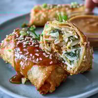 Golden, crispy spring rolls packed with fresh vegetables and vermicelli, served with a creamy peanut dipping sauce for an irresistible appetizer.  