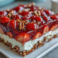 Festive strawberry pretzel salad dessert glistening with juicy strawberries and creamy layers.